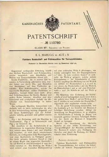 Original Patentschrift - E. Marugg in Aue i.S., 1898 , Terazzo Fußboden - Poliermaschine , Granit , Marmor !!!