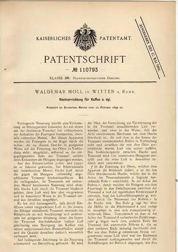 Original Patentschrift - W. Moll in Witten a. Ruhr , 1899 , Röstvorrichtung für Kaffee , Röstapparat !!!