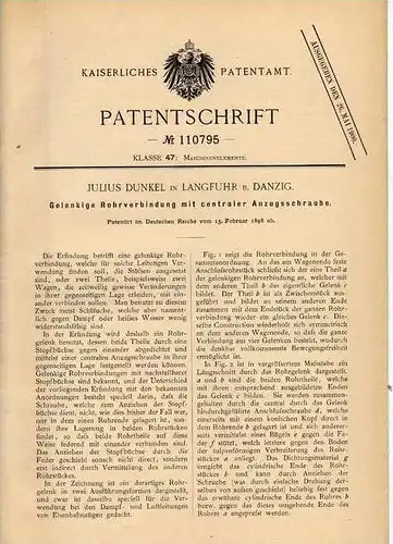 Original Patentschrift - J. Dunkel in Langfuhr b. Danzig , 1898 , gelenkige Rohrverbindung !!!