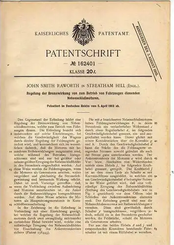 Original Patentschrift - J. Raworth in Streatham Hill , 1903 , Bremse für Nebenschlußmotoren !!!