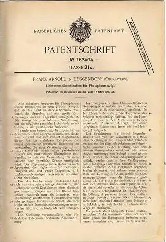 Original Patentschrift - F. Arnold in Deggendorf , 1903 , Lichtsammelkombination für Photophone !!!