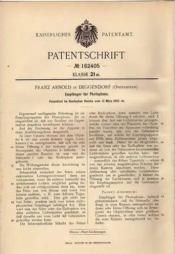 Original Patentschrift - F. Arnold in Deggendorf , 1903 , Empfänger für Photophone !!!