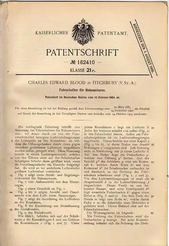 Original Patentschrift - C. Blood in Fitchbury , USA , 1904 , Fahrschalter für Bahnmotoren !!!
