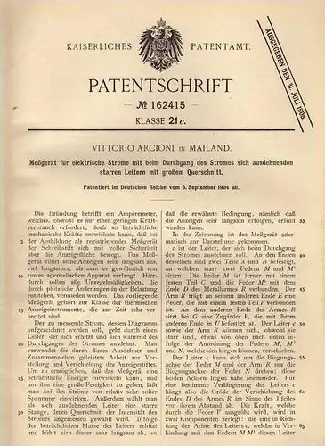 Original Patentschrift - V. Arcioni in Mailand , 1904 , Amperemeter , Messgerät für elektrischen Strom , Elektrik !!!