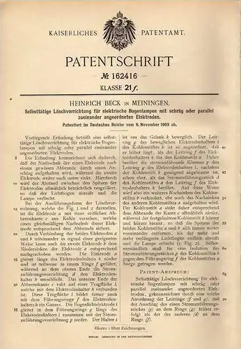 Original Patentschrift - H. Beck in Meiningen , 1903 , Löschvorrichtung für Bogenlampen !!!