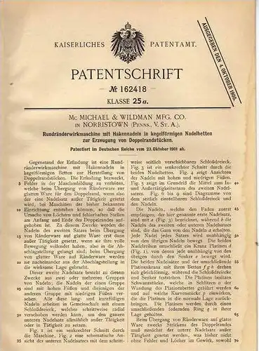 Original Patentschrift - Michael & Wildmann Co. in Norristown , Penns. , 1901 , Rundränderwirkmaschine mit Nadeln !!!