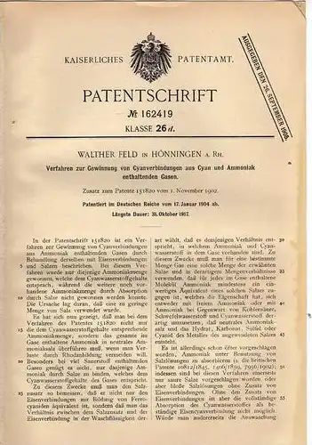 Original Patentschrift - W. Feld in Hönningen a. Rh., 1904 , Gewinnung von Cyanverbindungen aus Cyan und Ammoniak !!!