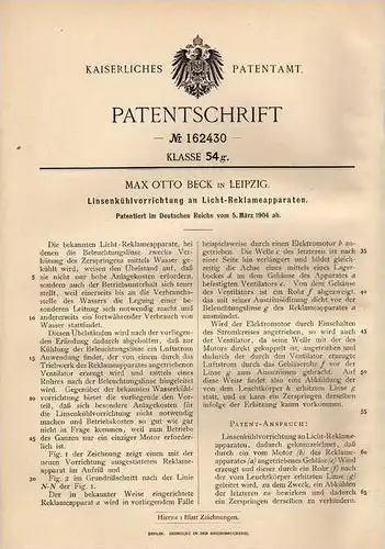 Original Patentschrift - Linsenkühler für Leuchtreklame - Apparat , 1904 , M. Beck in Leipzig , Reklame !!!