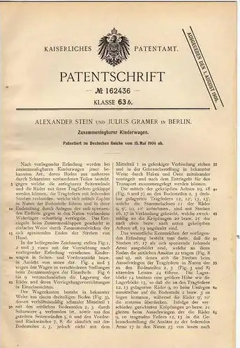 Original Patentschrift - zusammenlegbarer Kinderwagen , 1904 , J. Gramer in Berlin !!!