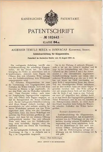 Original Patentschrift - A. Mirza in Jamnagar , Kathewar , Indien , 1904 , Schließer für Wehr , Schleuse !!!