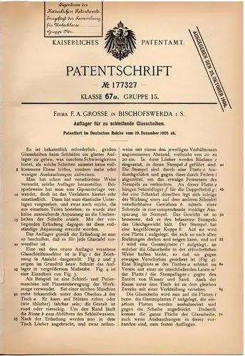 Original Patentschrift - Fa. Grosse in Bischofswerda i.S., 1905 , Schleifen von Glasscheiben , Glas , Glaserei !!!