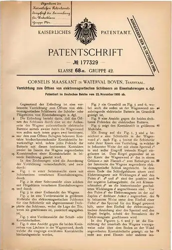 Original Patentschrift - C. Maaskant in Waterval Boven , 1905 , elektromagnetische Schlösser an Eisenbahn !!!