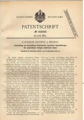 Original Patentschrift - E. Lecomte in Mexico , 1903 , fugenlose Kanalleitungen für Kabel , Erdkabel !!!