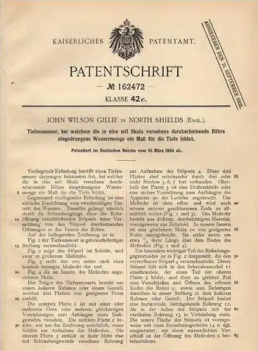 Original Patentschrift - J. Gillie in North Shields , 1904 , Tiefenmesser für Wasser !!!