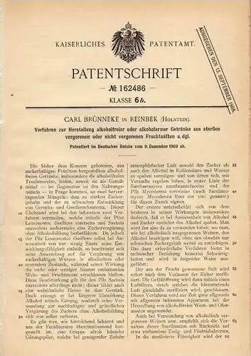 Original Patentschrift - C. Brünneke in Reinbek , Holstein , 1903 , alkoholfreie Getränke aus Fruchtsaft , Saft !!
