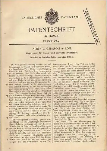 Original Patentschrift - A. Cerasoli in Rom , 1904 , Gaserzeuger für wasser- und teerreiche Brennstoffe !!!