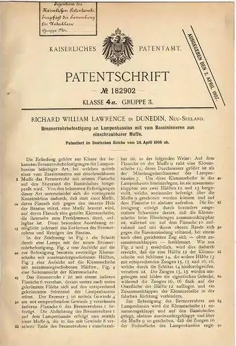 Original Patentschrift - R. Lawrence in Dunedin , Neuseeland , 1906 , Brennerrohr an Lampenbassins !!!