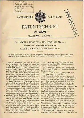 Original Patentschrift - Dr. J. Hornof in Holleschau , 1904 , Trocken- und Darrtrommel für Malz !!!