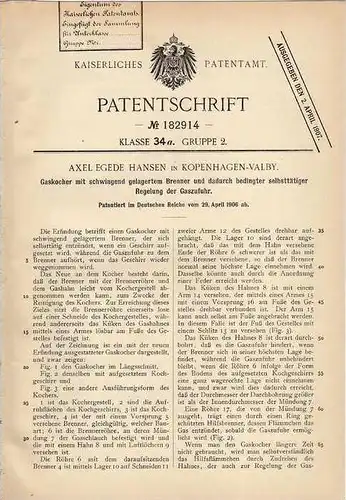 Original Patentschrift - A. Hansen in Kopenhagen - Valby , 1906 , Gaskocher mit schwingendem Brenner !!!