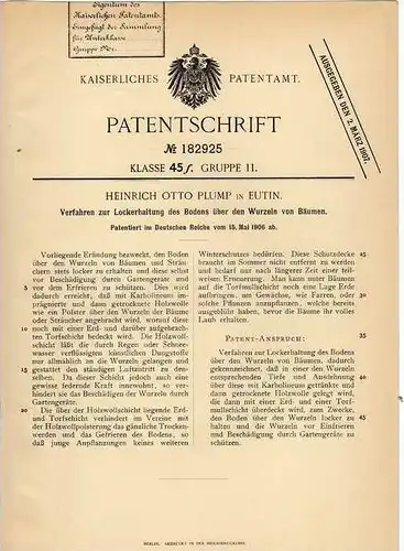Original Patentschrift - H. Plump in Eutin , 1906 , Lockerhaltung des Bodens , Landwirtschaft , Baumschule !!!