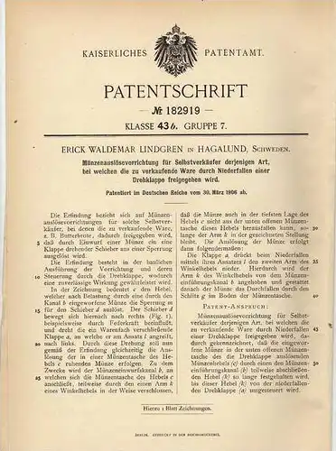 Original Patentschrift - E. Lindgren in Hagalund , 1906 , Münzauslöser für Verkaufsautomat !!!