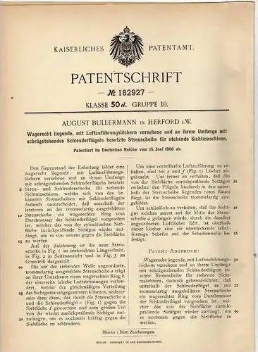 Original Patentschrift - A. Bullermann in Herford i.W., 1906 , Streuscheibe für Sichtmaschinen !!!