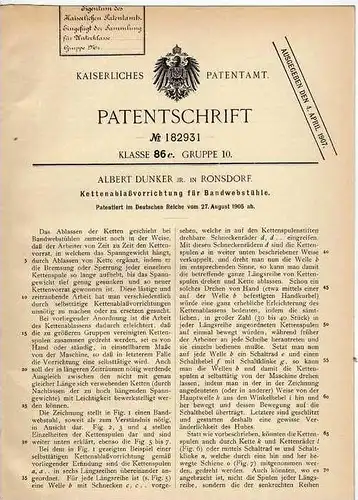 Original Patentschrift - A. Dunker in Ronsdorf , 1905 , Kettenvorrichtung für Webstuhl , Weberer !!!