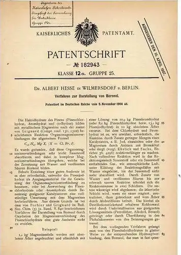 Original Patentschrift - Dr. A. Hesse in Wilmersdorf b. Berlin , 1904 , Darstellung von Borneol !!!