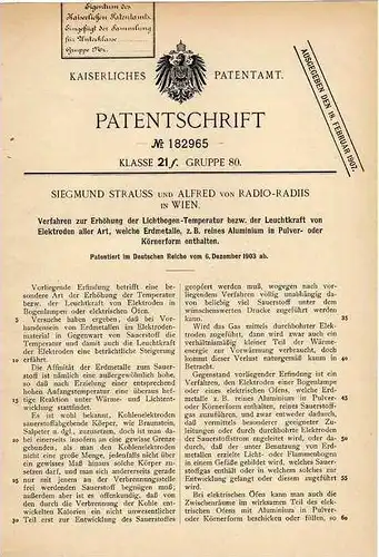 Original Patentschrift - A. von Radio - Radiis in Wien , 1903 , Erhöhung der Leuchtkraft an Elektroden !!!