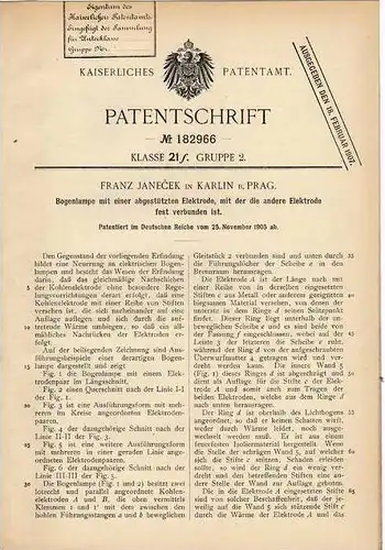 Original Patentschrift - F. Kanecek in Karlin b. Prag , 1905 , Bogenlampe mit Elektrode !!!
