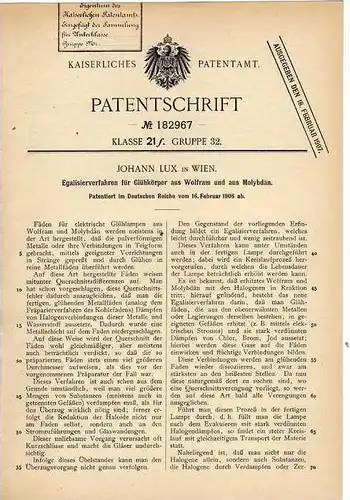 Original Patentschrift - Johann Lux in Wien , 1906 , Glühkörper aus Wolfram und Molybdän !!!