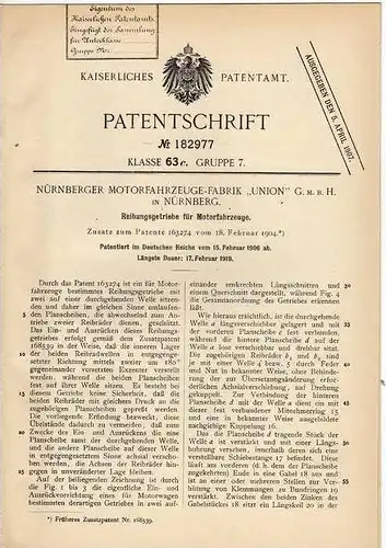 Original Patentschrift - Motorfahrzeugfabrik " Union" in Nürnberg , 1906 , Getriebe für Motorfahrzeuge , Automobile !!!