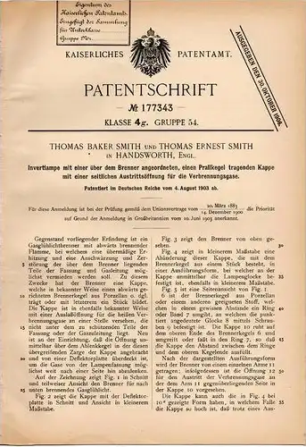 Original Patentschrift - Th. Smith in Handsworth , 1903 , Invertlampe mit Brenner , Lampe !!!