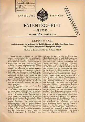 Original Patentschrift - E. Penn in Haag , 1905 , Acetylenapparat , Acetylen !!!