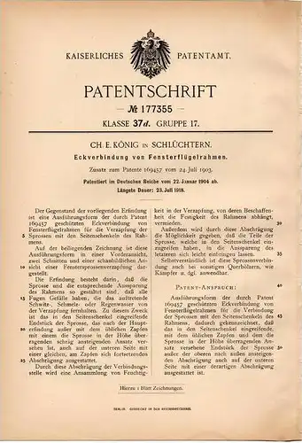 Original Patentschrift - Ch. König in Schlüchtern , 1904 , Fensterflügel , Fensterrahmen , Fenster !!!