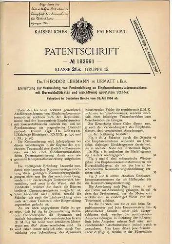 Original Patentschrift - Dr. Th. Lehmann in Urmatt i. Elsass , 1904 m Einphasen - Kommutatormaschinen !!!