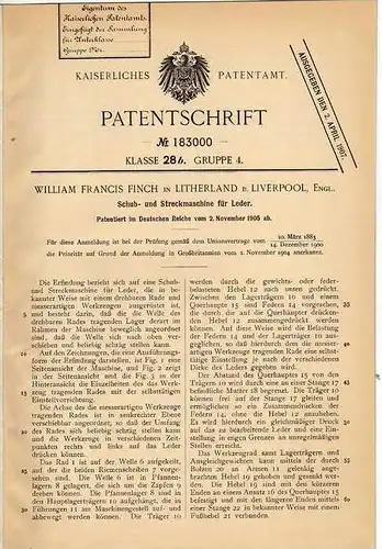 Original Patentschrift - W. Finch in Litherland b. Liverpool , 1905 , Streckmaschine für Leder !!!