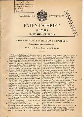 Original Patentschrift - J. Margreth in Bergedorf b. Hamburg , 1905 , transportabler Acetylenentwickler !!!