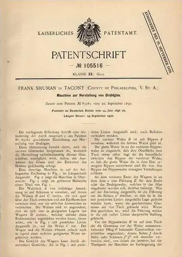 Original Patentschrift - F. Shuman in Tacony , USA , 1898 , Maschine für Drahtglas , Glas !!!