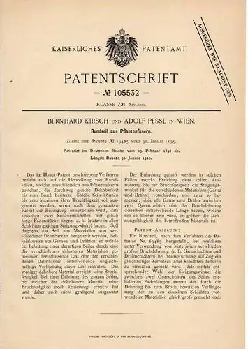 Original Patentschrift - B. Kirsch in Wien , 1898 , Seil aus Pflanzenfasern , Faser , Rundseil !!!
