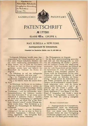 Original Patentschrift - Aussteigeschacht für Unterseeboot , U-Boot , 1905 , M. Kudella in New York !!!