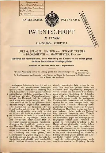 Original Patentschrift - Luke & spencer Ltd. in Broadheath b. Manchester , 1905 , Schleifrad mit Schmirgelzylinder !!!