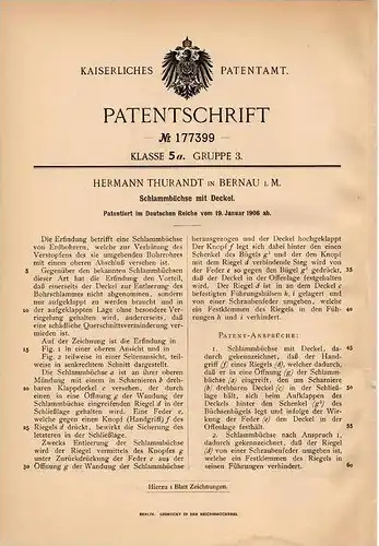 Original Patentschrift - H. Thurandt in Bernau i.M.,  , Schlammbüchse mit Deckel , Erdbohrer !!!