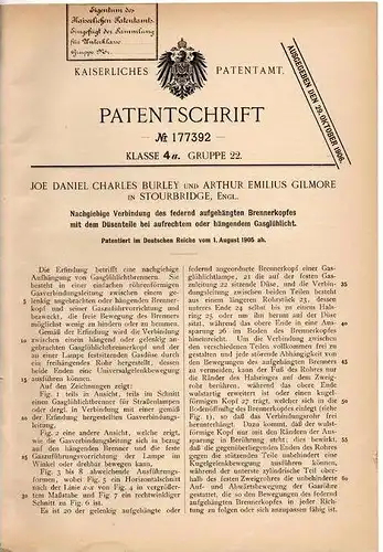 Original Patentschrift - J. Burley in Stourbridge , 1905 , Brennerkopf mit Düse für Gaslicht !!!