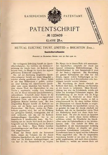 Original Patentschrift - Mutual Electric Trust Ltd. in Brighton ,1900, Voltmeter aus Quecksilber , Quecksilbervoltameter