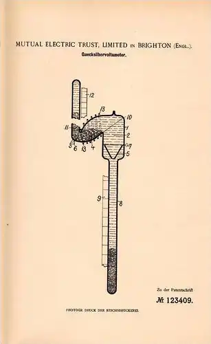 Original Patentschrift - Mutual Electric Trust Ltd. in Brighton ,1900, Voltmeter aus Quecksilber , Quecksilbervoltameter