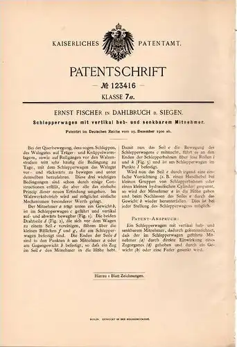Original Patentschrift - E. Fischer in Dahlbruch b. Siegen , 1900 , Schlepperwagen mit senkbarem Mitnehmer !!!