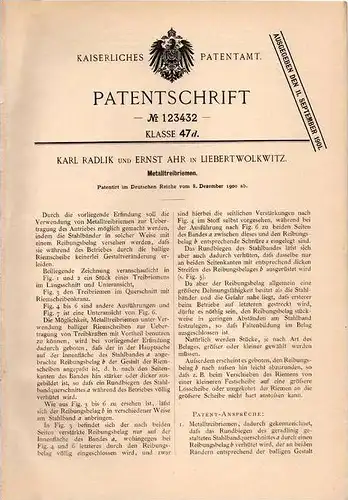 Original Patentschrift - E. Ahr in Liebertwolkwitz , 1900 , Metalltreibriemen !!!