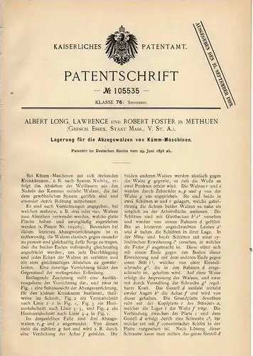 Original Patentschrift - R. Forster in Methuen , 1898 , Kämm - Maschine , Spinnerei !!!