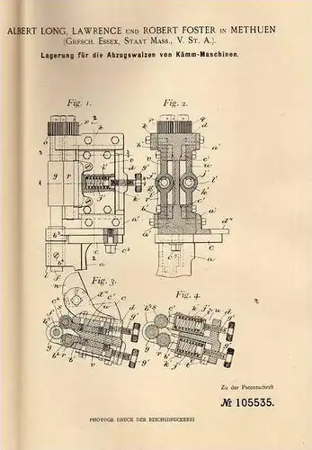 Original Patentschrift - R. Forster in Methuen , 1898 , Kämm - Maschine , Spinnerei !!!